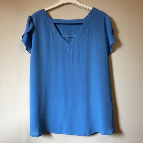 LOFT Perwinkle Blue Cut Out Flutter Sleeve Top - Picture 2 of 14